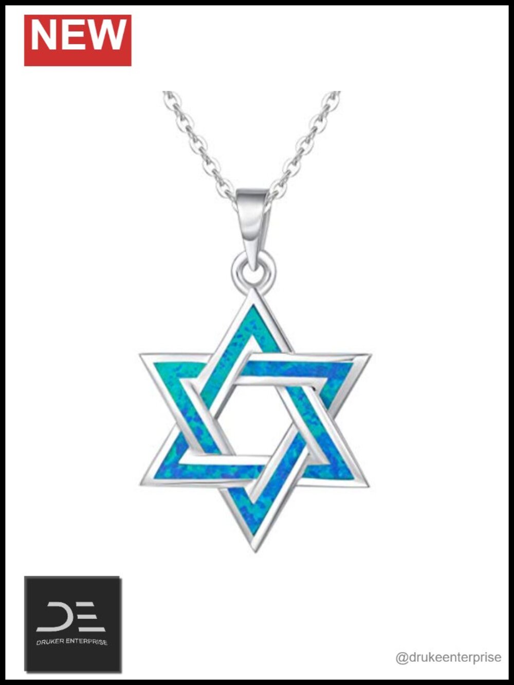 Sterling Silver Star of David Necklace with Created Blue Opal